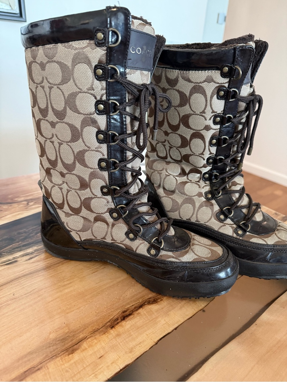 Coach Tan & Brown Signature Lace-Up Winter Rain Boots